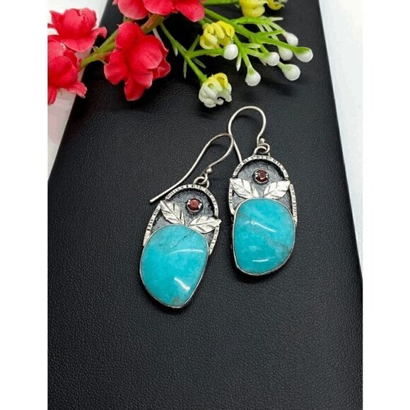 SILVER TURQUOISE RUBY LEAF WESTERN BOHO DANGLE EARRINGS - Picture 1 of 5